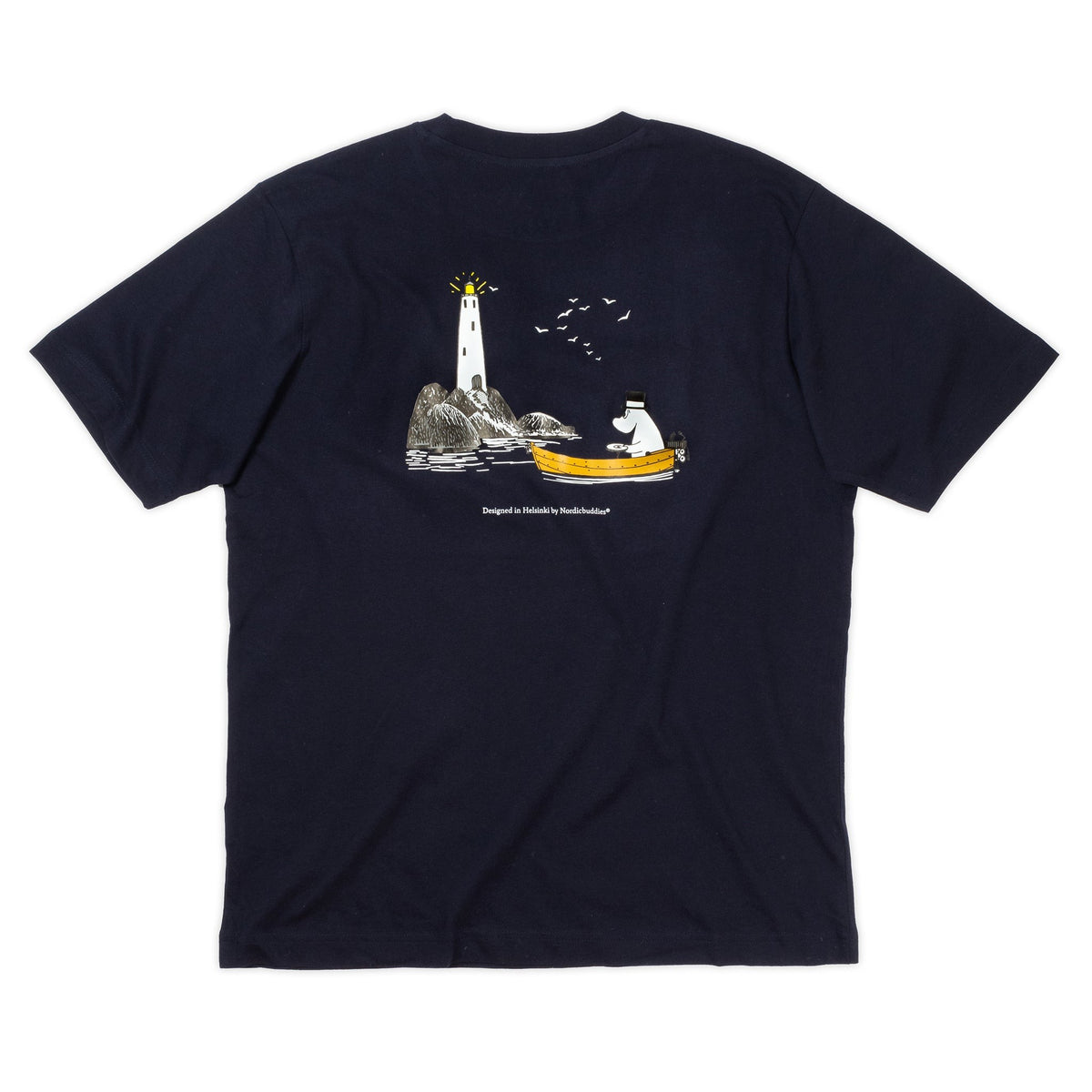 Back print detail of the Organic Cotton Premium T-Shirt Moominpappa Navy - Official Moominpappa graphic tee.