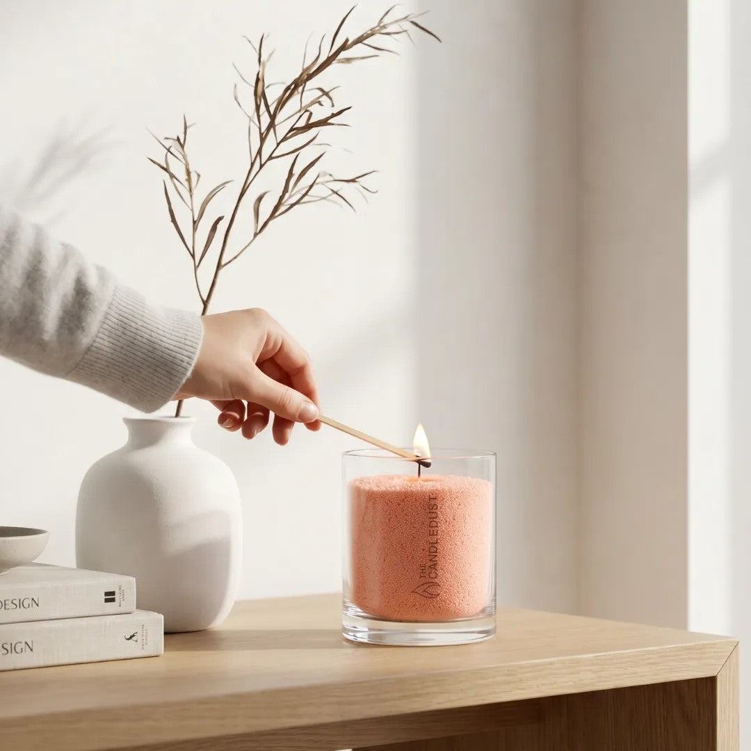 Woman's hand lighting the cotton wick of a Peach unscented pearled sand candle in glass