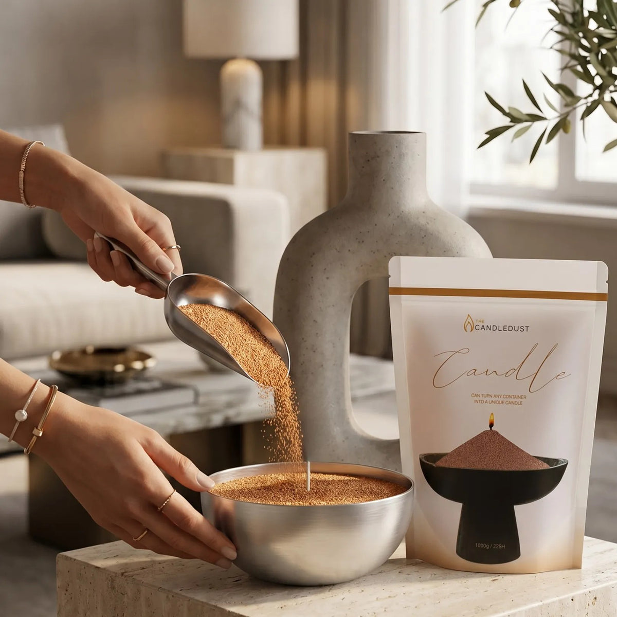 Woman filling metal candle holders with Pecan natural pearled candle sand