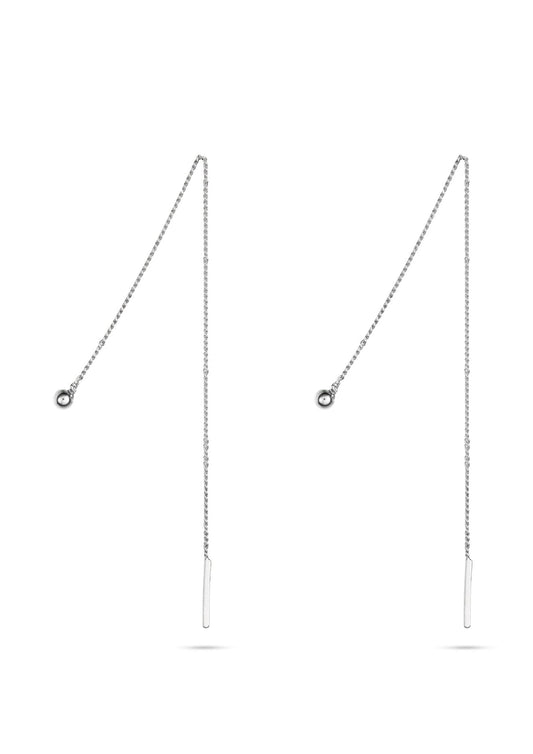 Elegant silver Pin Up Threader Chain Earrings displayed on a white background.
