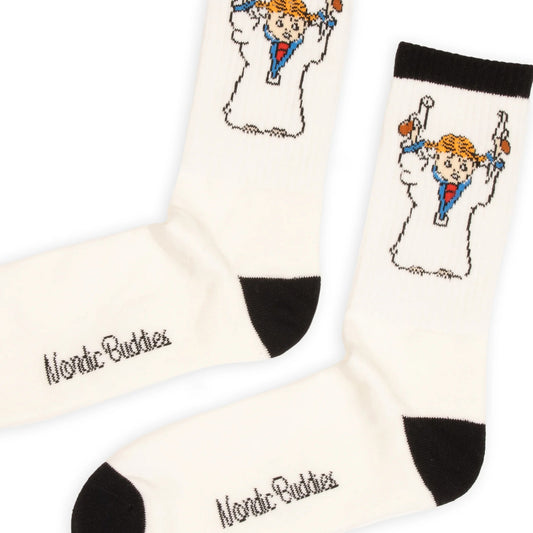 Close-up of Pippi and the Bang character illustration and retro stripe pattern on men's socks