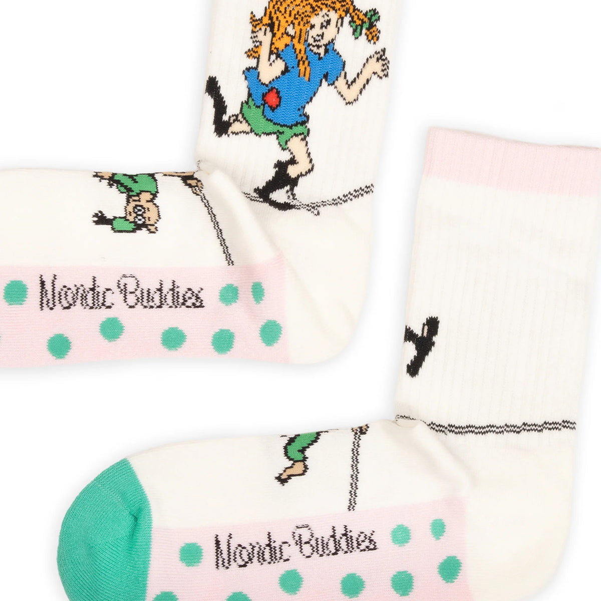 Close-up of Pippi Longstocking tightrope illustration artwork and white panel design on women's socks