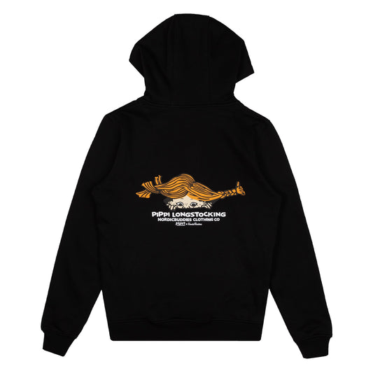 Official Pippi Longstocking black unisex heavy hoodie back view with hood and kangaroo pocket