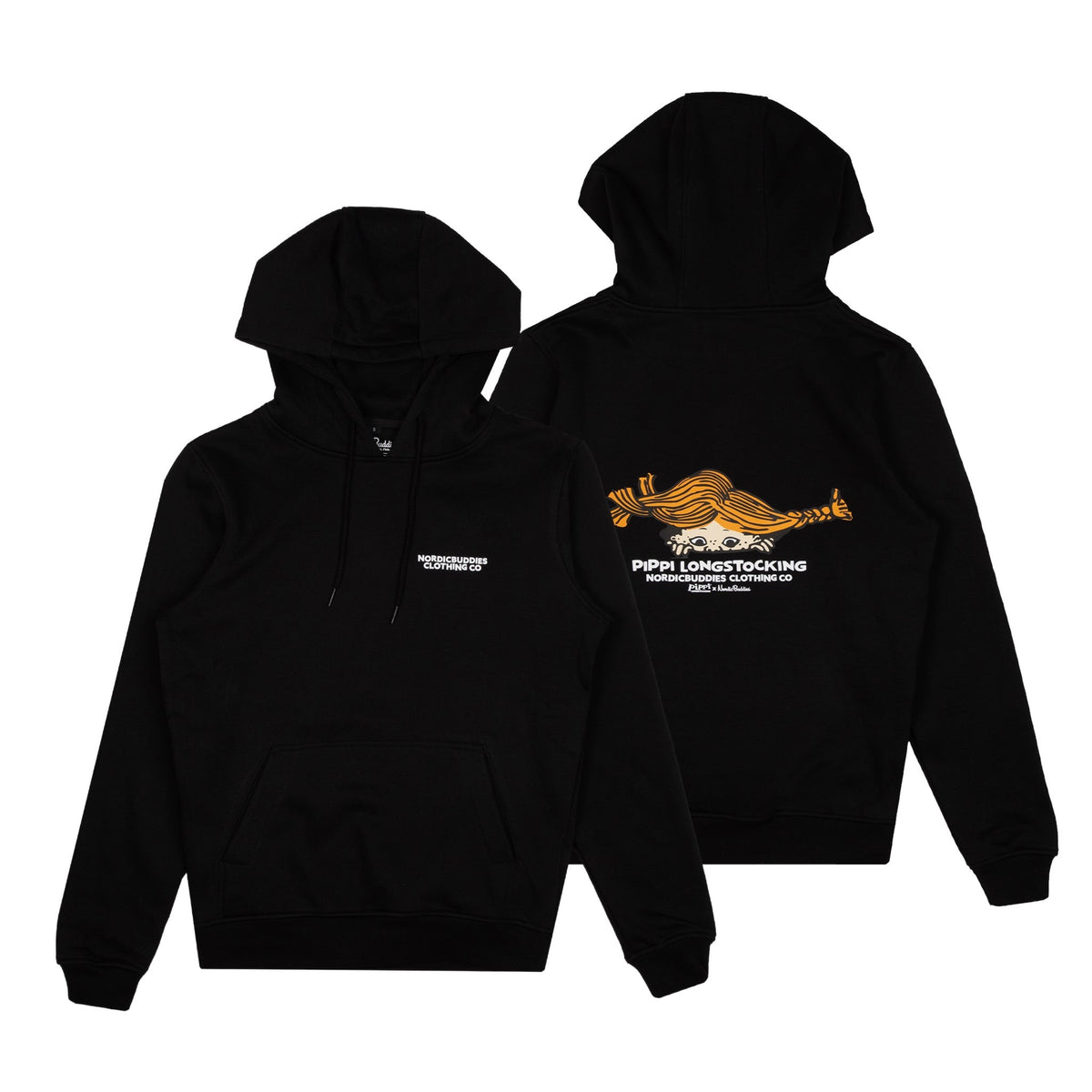 Official Pippi Longstocking black unisex heavy hoodie front and back view with hood and kangaroo pocket
