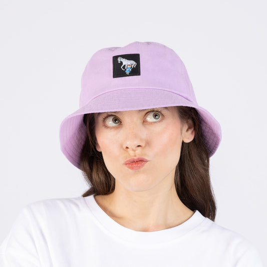 Female Model wearing the lilac Pippi Longstocking bucket hat