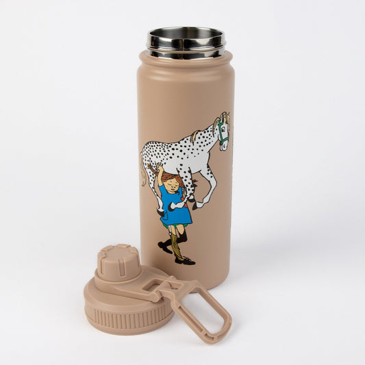 Beige Pippi Longstocking thermal bottle shown open with detached screw cap