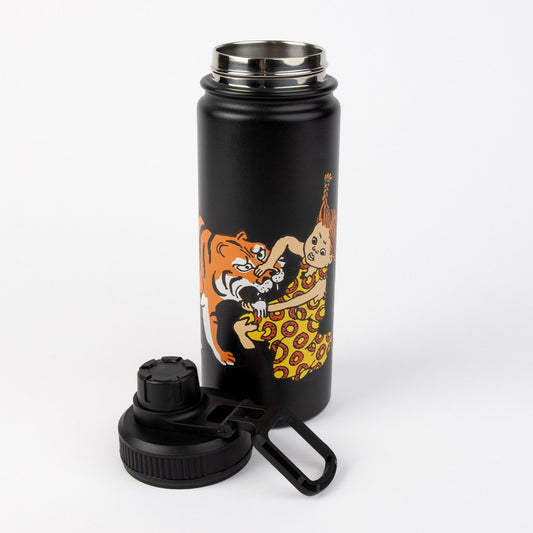 Black Pippi Longstocking thermal bottle shown open with detached screw cap