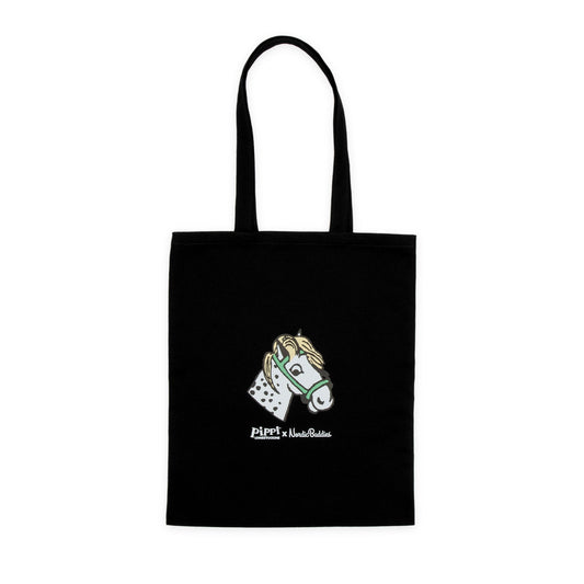 Official Pippi Longstocking black heavy cotton tote bag lifting the horse front view