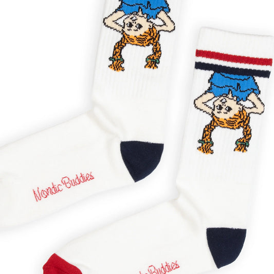 Close-up of upside down Pippi Longstocking character print and ribbed cotton knit on men's socks