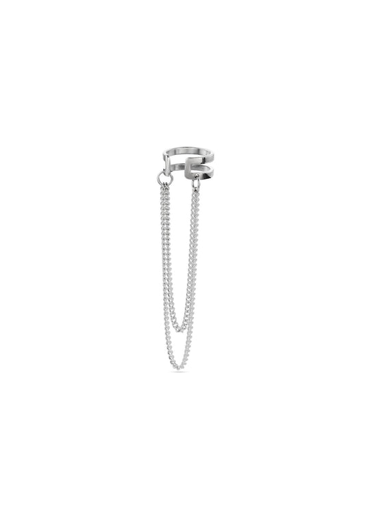 Minimalist silver Revolve Ear Cuff shown in detail on a neutral background.