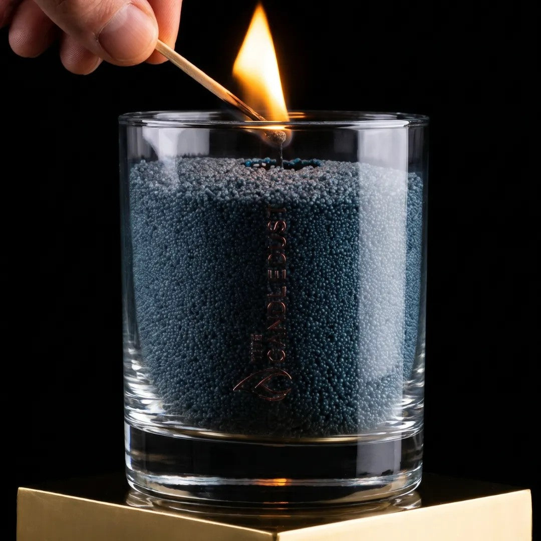 Front view of a man's hand lighting the cotton wick of a Space Grey unscented pearled sand candle in glass on a black background
