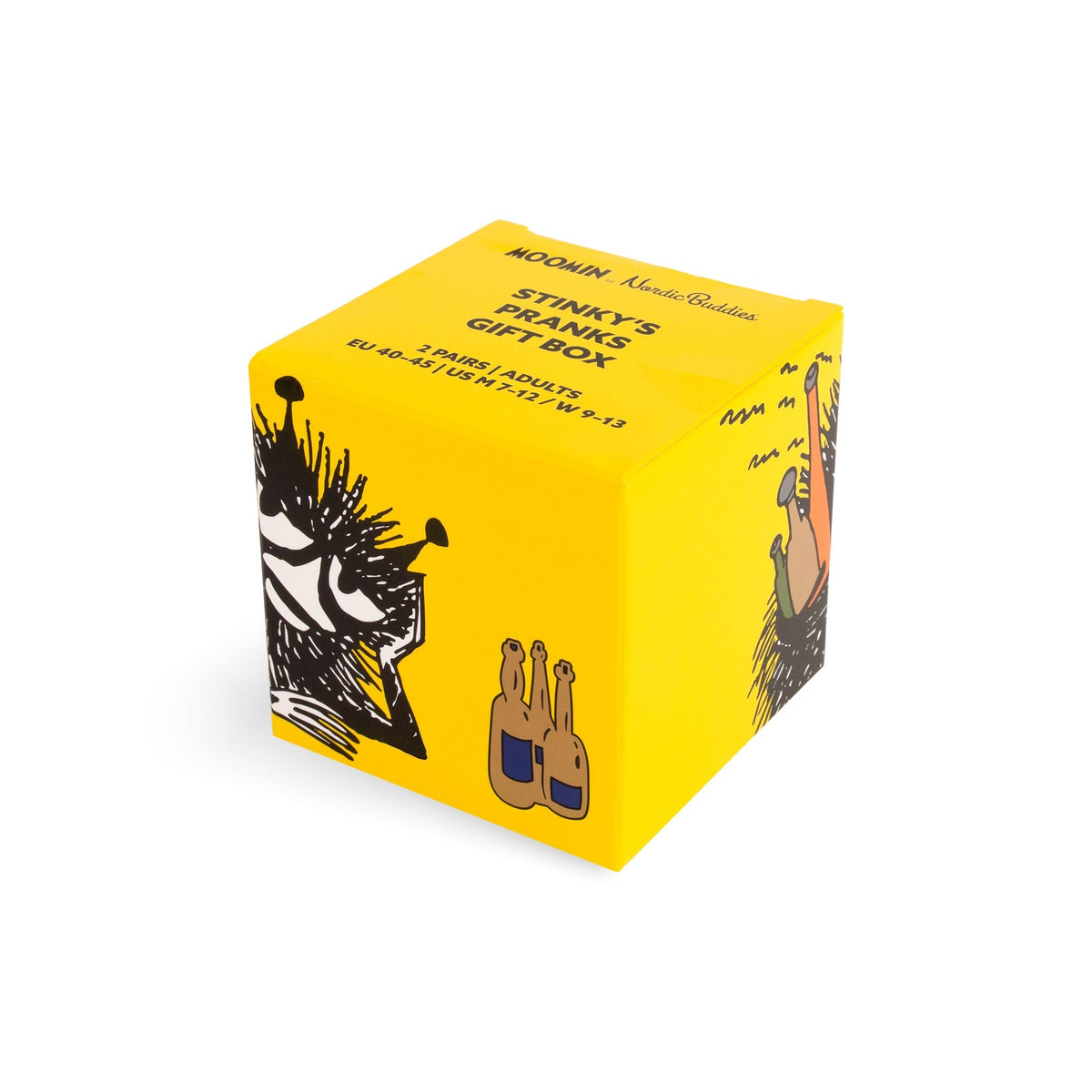 Close-up of Stinky character illustration and embossed print details on men's gift box surface