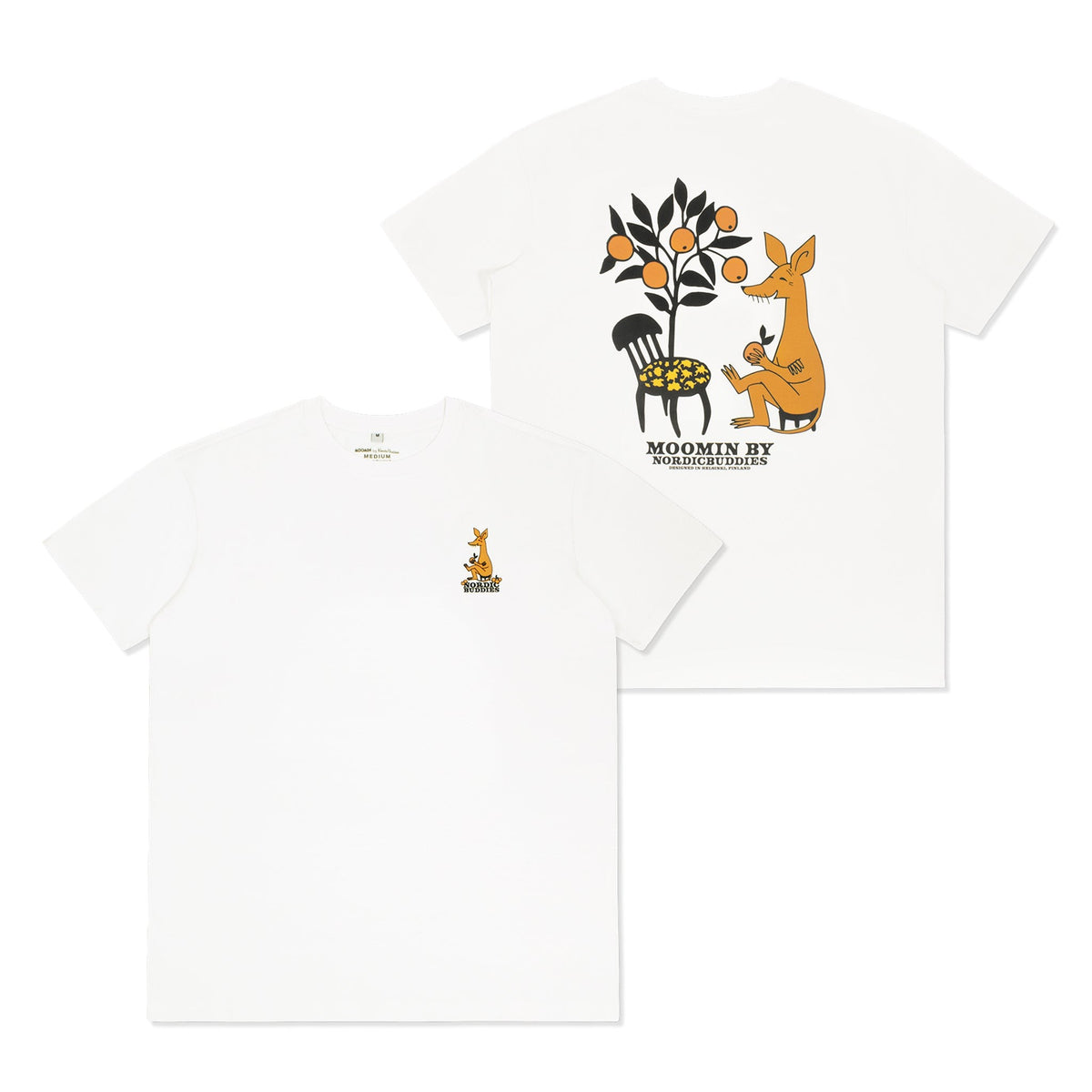 Front and Back view of the Organic Cotton Premium T-Shirt Sniff White - Official Moomin apparel by Nordicbuddies.