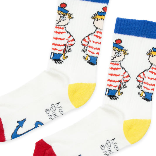Close-up of woven Too-Ticky character artwork and retro stripe pattern knit texture on men's socks