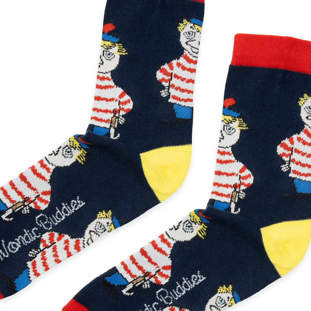 Close-up of woven Too-Ticky character artwork and fine knit cotton texture on men's socks
