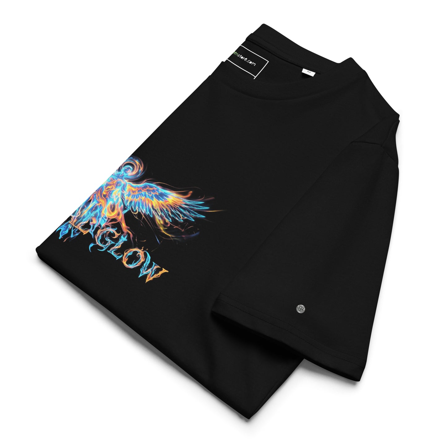 Side view of the folded Eternal Glow t-shirt displaying the hem. black