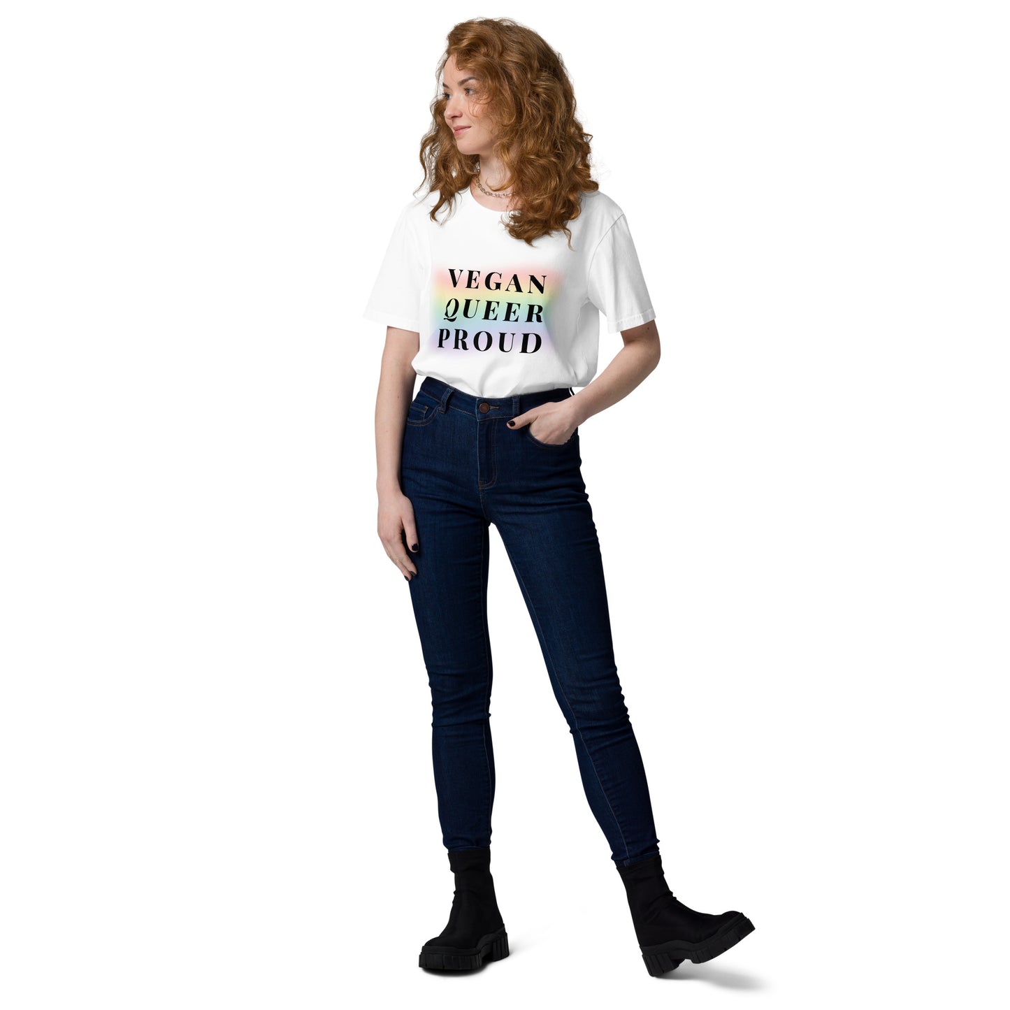 Complete Front view of a female model wearing the eco-friendly Vegan queer proud T-shirt