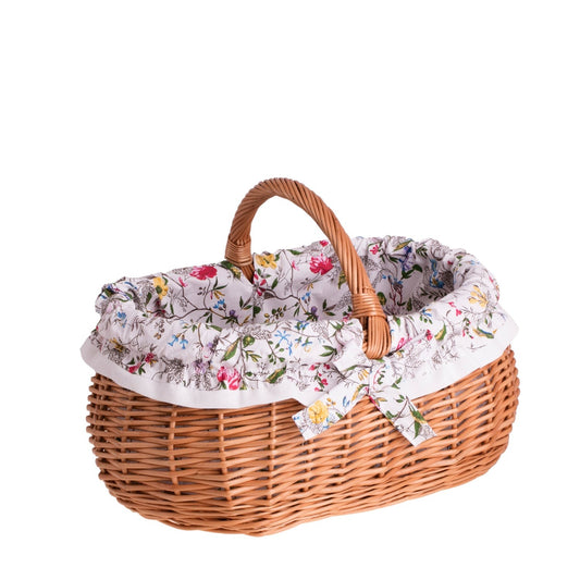 Side view Wendissa Shopping Basket With Wicker Handle And Floral Lining