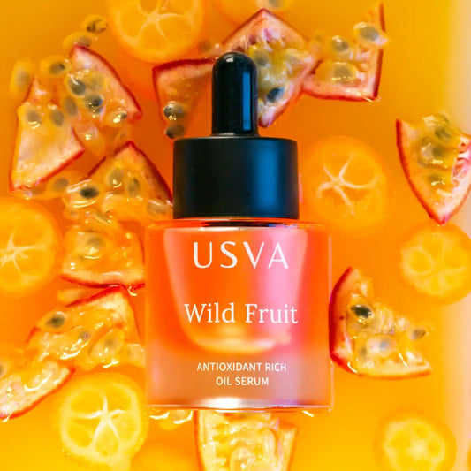Usva cosmetic Wild Fruit Antioxidant Rich Oil Serum, 30ml on orange background.