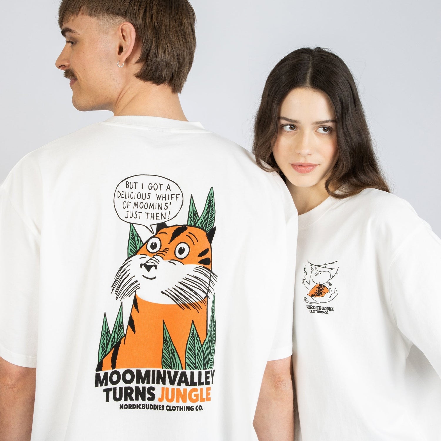 Front and Back view of official 80 Heavy T-Shirt Tiger White - Premium Moomin graphic tee by Nordicbuddies wearing by models