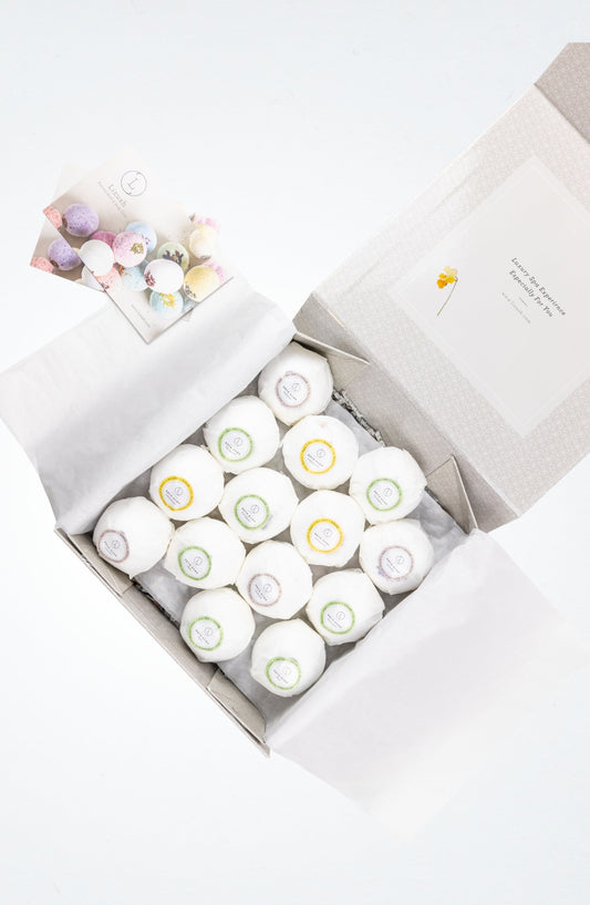 Close up of Natural Bath Bomb Gift Box - 14 essential oil spa bath fizzies in box | Lizush