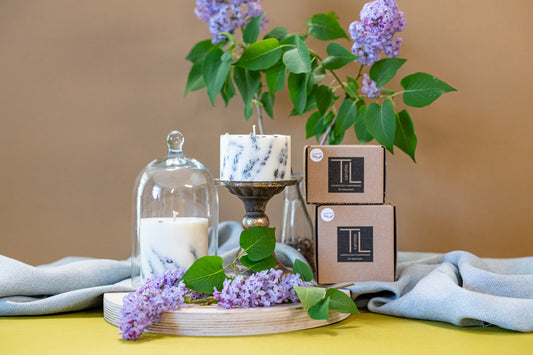 Premium eco-packaging for the TL Candles white lavender soy candle