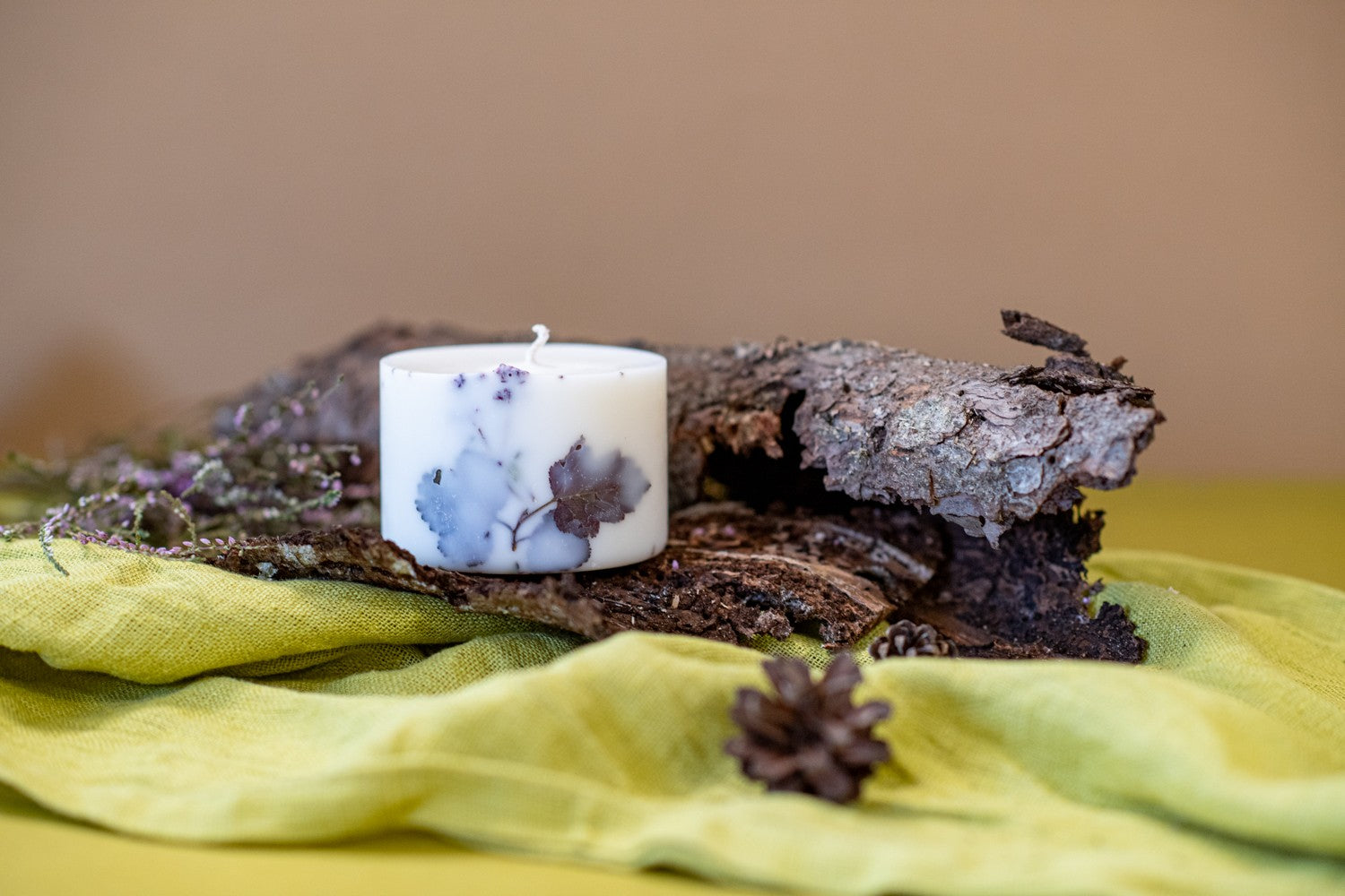 Minimalist white forest candle detail showing the organic soy wax