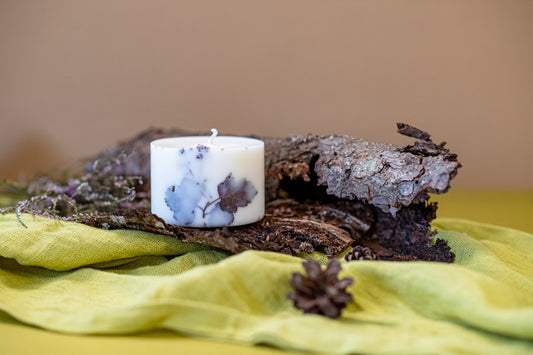 Minimalist white forest candle detail showing the organic soy wax