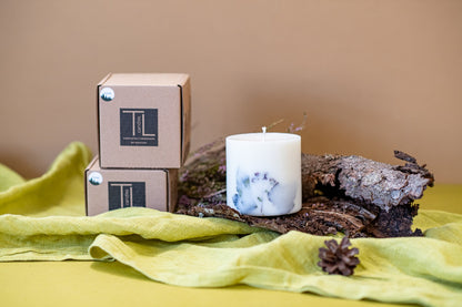 Side View Elegant gift box for the white forest scented soy wax candle
