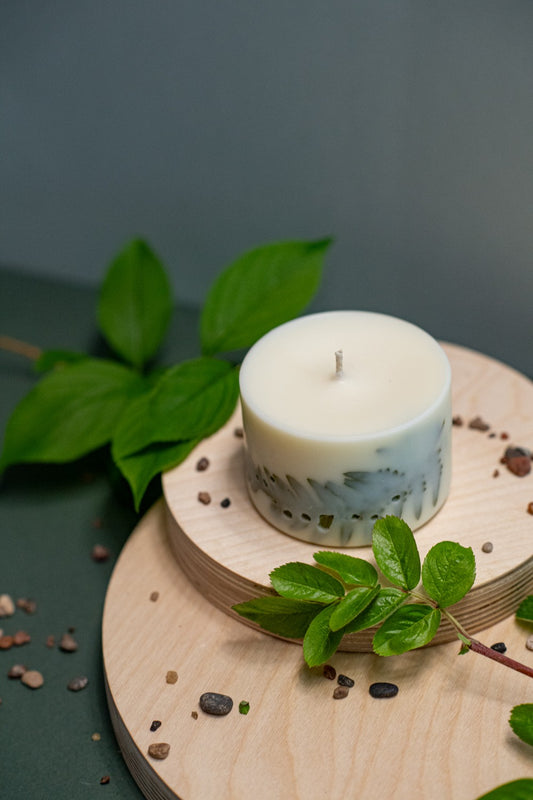 Close up of the lemongrass candle illustrating the hand-poured quality