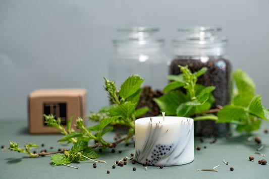 Juniper soy candle showing the natural texture of the hand-poured wax