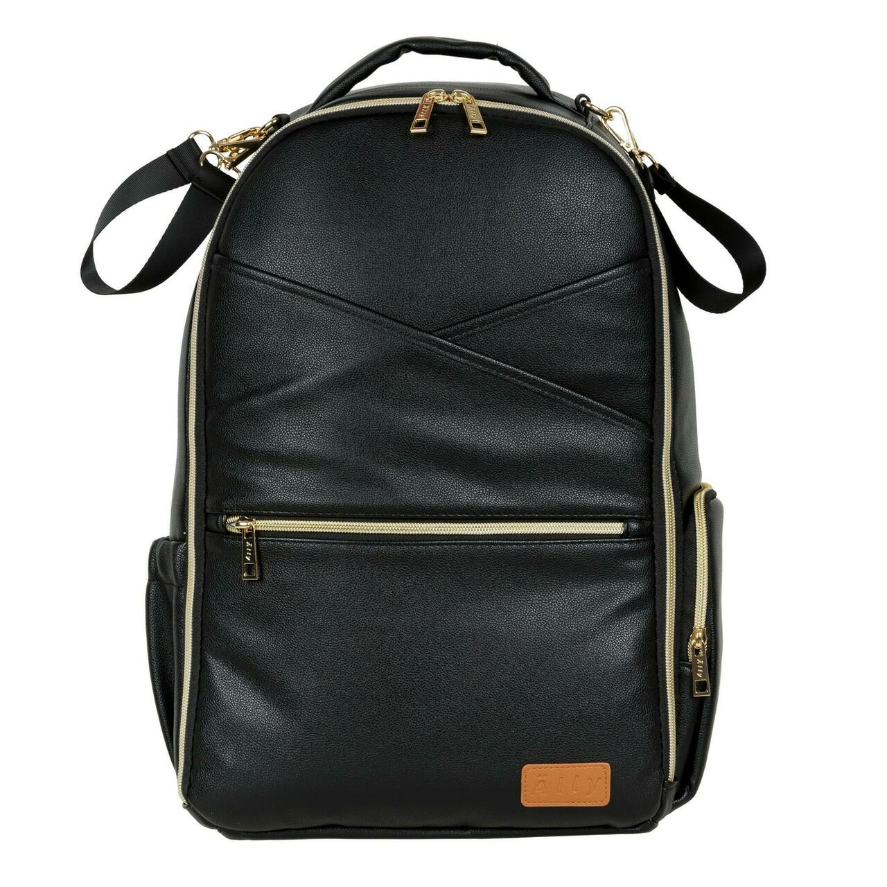 Large Diaper Backpack in Espresso - Frontal view showing the 16 pockets
