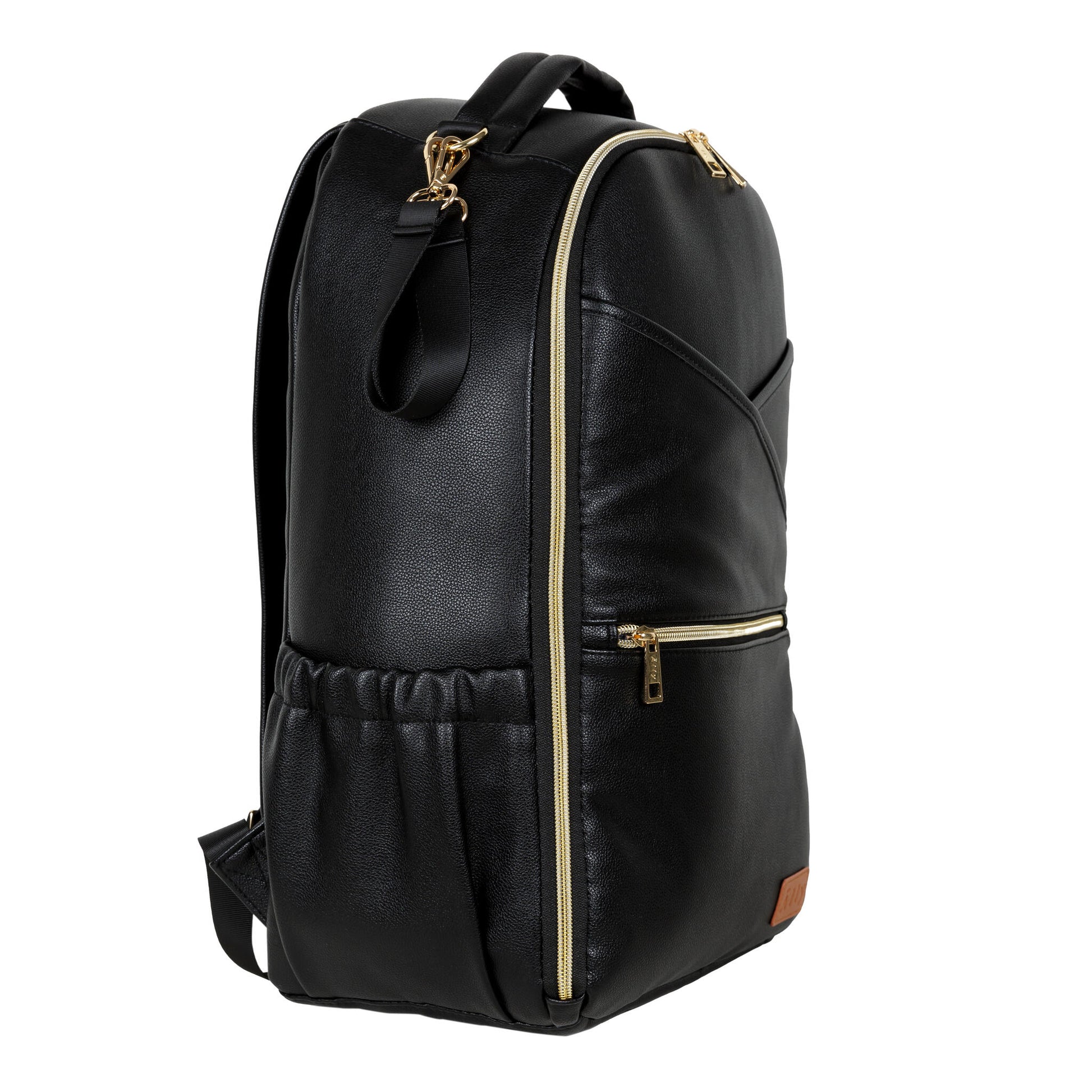Side profile of the Espresso backpack showing the large thermal bottle pocket