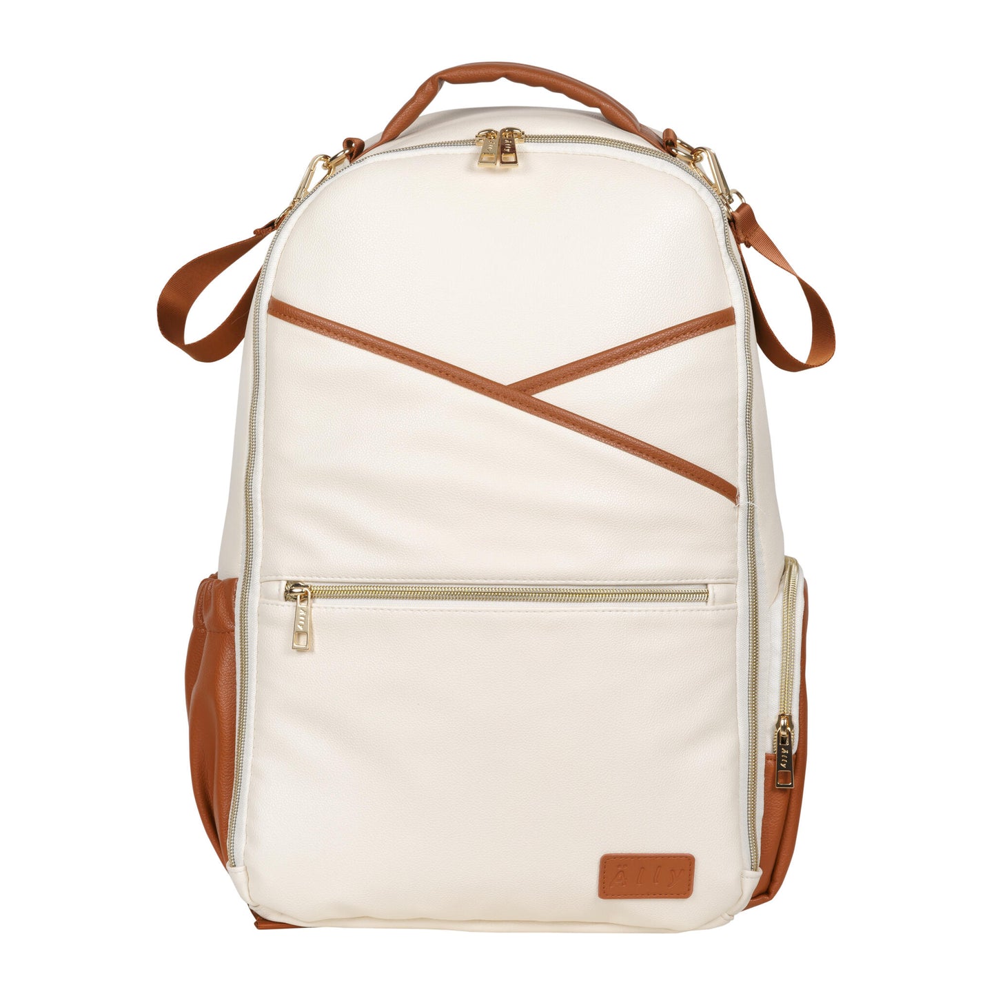 Large Diaper Backpack in Cappuccino - Frontal view showing the 16 pockets