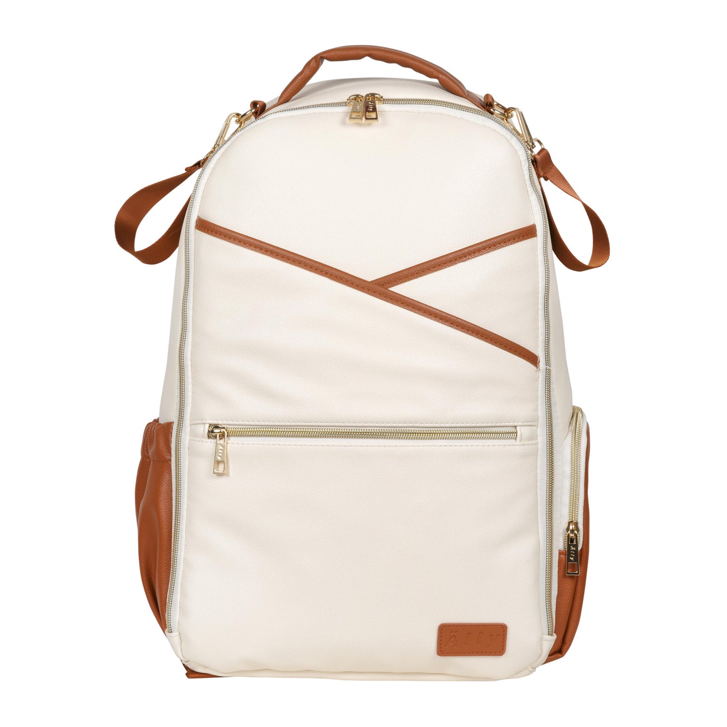 Large Diaper Backpack in Cappuccino - Frontal view showing the 16 pockets