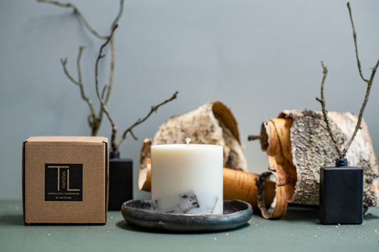 Side View Natural birch scented soy wax candle artisan made by TL Candles