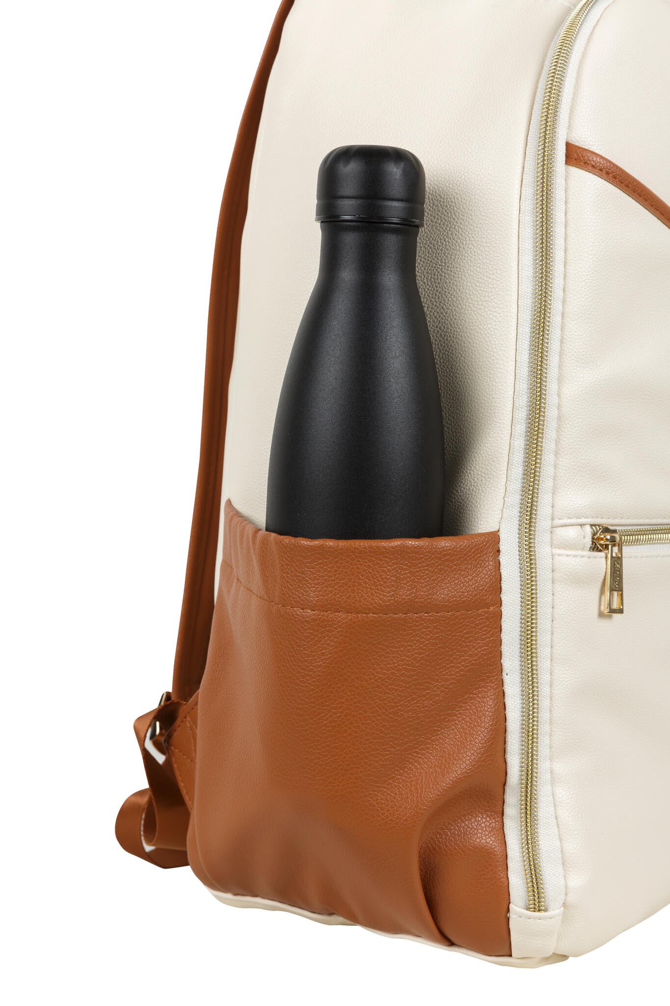 Detail of Side profile of the Cappuccino backpack showing the large thermal bottle pocket