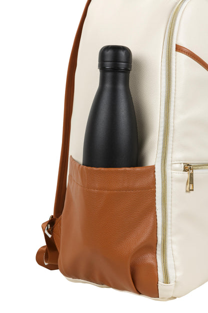 Detail of Side profile of the Cappuccino backpack showing the large thermal bottle pocket