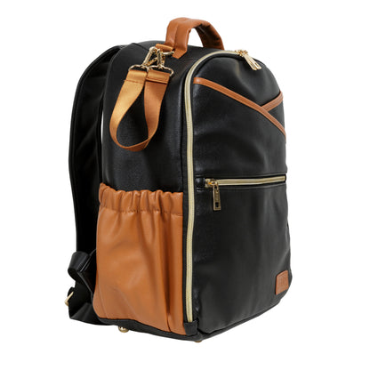 Side view showing the stretchable pocket of the Black Coffee backpack