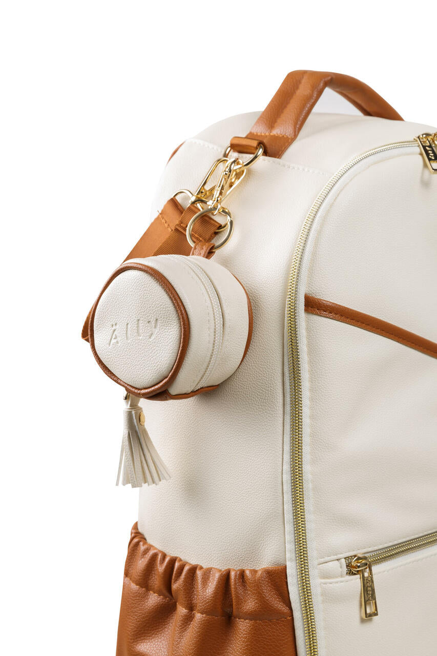 Round Pacifier Bag in White vegan leather - attached