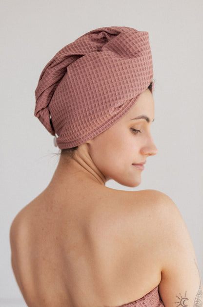 Dusty Pink Waffle Hair Towel Wrap - Side Profile View | NUSS