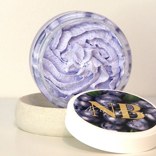 Detail of the blueberry extract and sugar crystal texture for skin smoothing