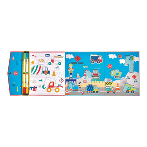 Internal view Floss and Rock Magnetic Multiplay Scene - Construction Site, portable travel toy set with magnetic play pieces and multiple themed backgrounds.