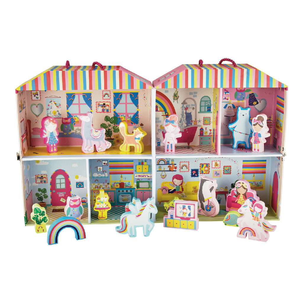 Floss and Rock Playbox with Wooden Pieces - Rainbow Fairy, sustainable wooden toy set with a portable carry case that doubles as a play scene.