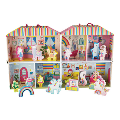 Floss and Rock Playbox with Wooden Pieces - Rainbow Fairy, sustainable wooden toy set with a portable carry case that doubles as a play scene.