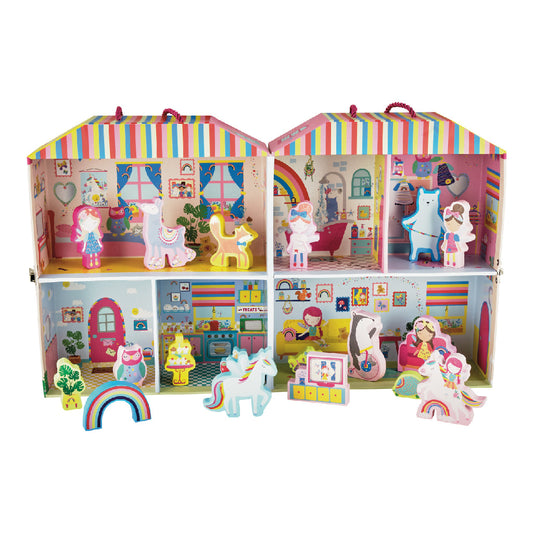 Floss and Rock Playbox with Wooden Pieces - Rainbow Fairy, sustainable wooden toy set with a portable carry case that doubles as a play scene.