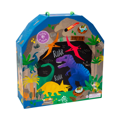 Floss and Rock Playbox with Wooden Pieces - Dinosaur, sustainable wooden toy set with a portable carry case that doubles as a play scene.