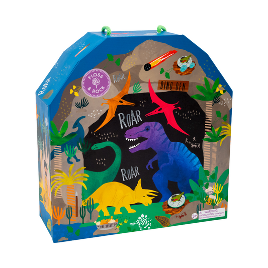 Floss and Rock Playbox with Wooden Pieces - Dinosaur, sustainable wooden toy set with a portable carry case that doubles as a play scene.
