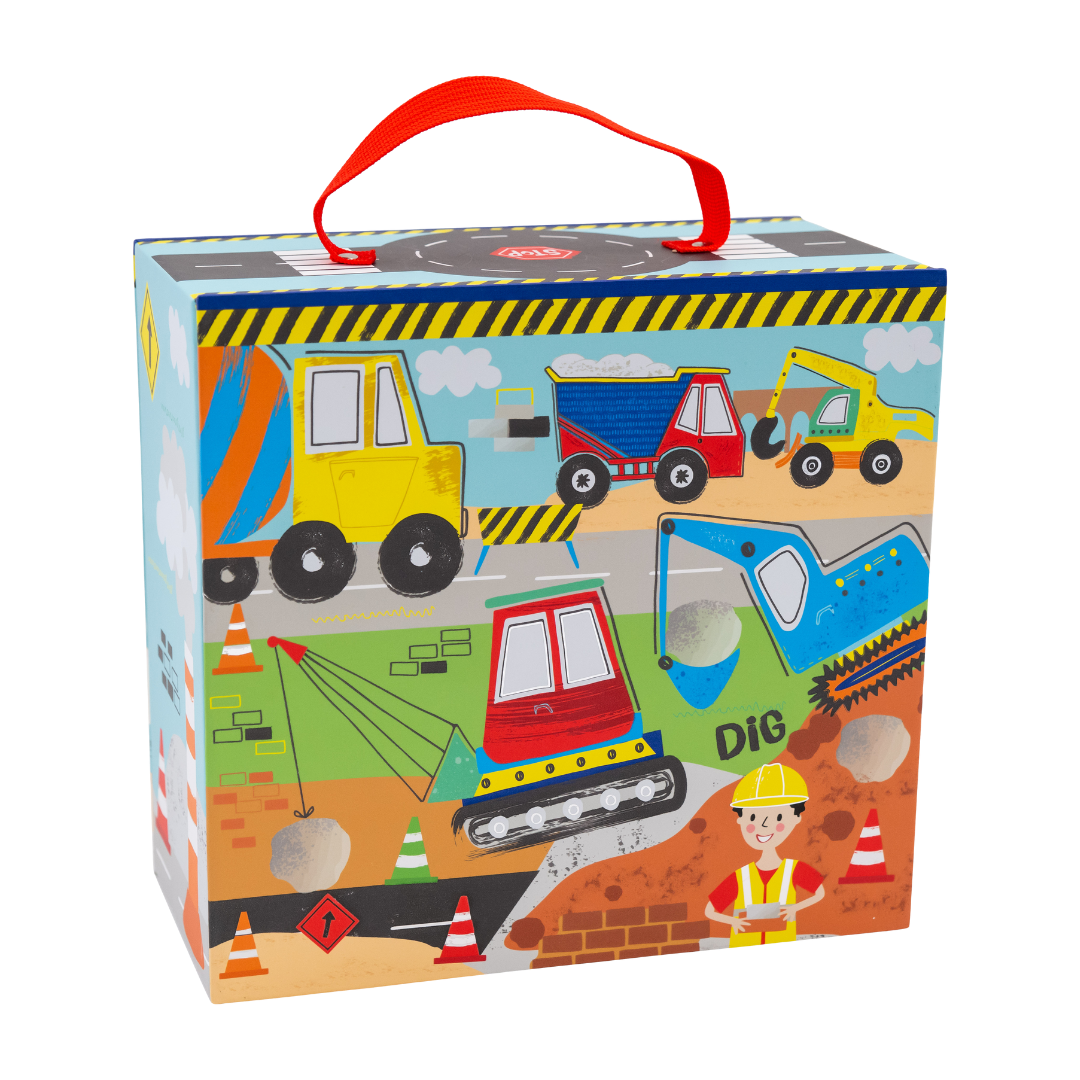 External view Floss and Rock Playbox with Wooden Pieces - Construction, sustainable wooden toy set with a portable carry case that doubles as a play scene.