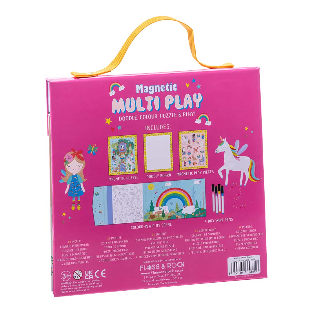 Back view Floss and Rock Magnetic Multiplay Scene - Rainbow Fairy, portable travel toy set with magnetic play pieces and multiple themed backgrounds.